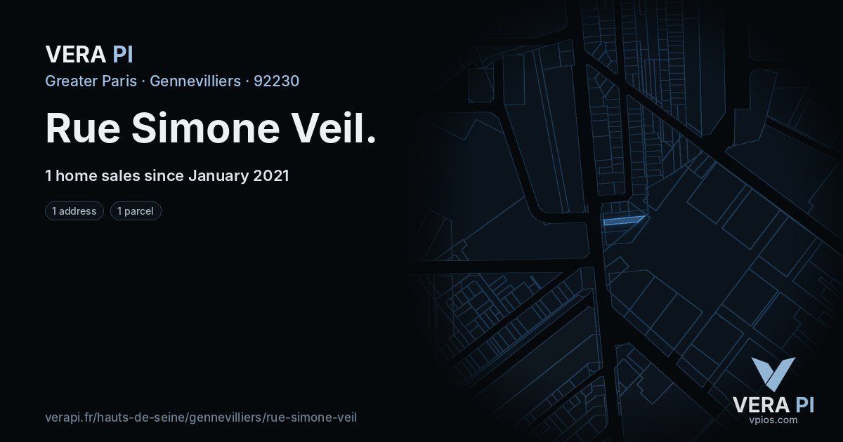 Rue Simone Veil, Gennevilliers at night – every parcel coloured by the prices around it, the street's own parcels lit