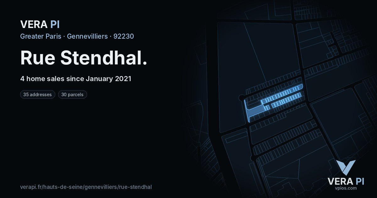 Rue Stendhal, Gennevilliers at night – every parcel coloured by the prices around it, the street's own parcels lit