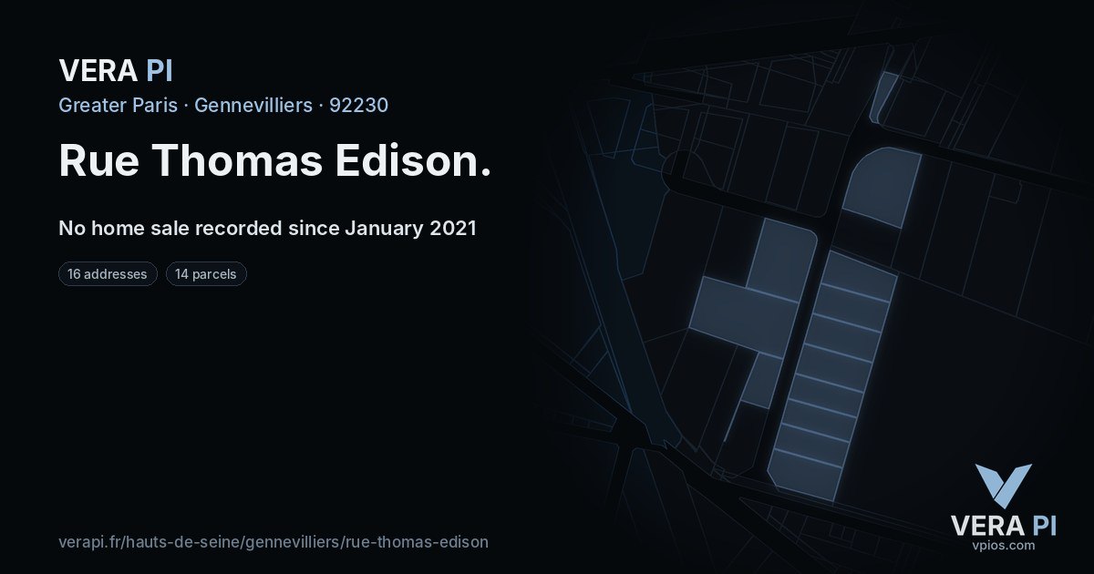 Rue Thomas Edison, Gennevilliers at night – every parcel coloured by the prices around it, the street's own parcels lit