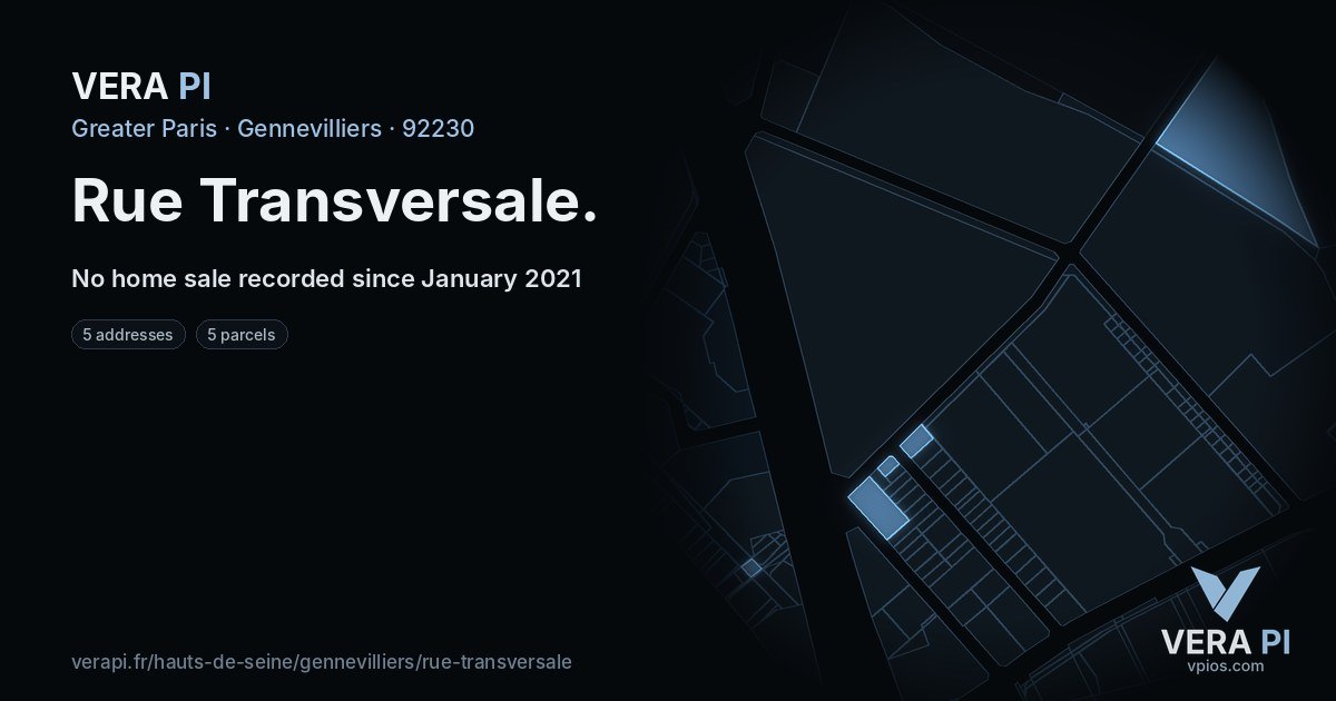 Rue Transversale, Gennevilliers at night – every parcel coloured by the prices around it, the street's own parcels lit