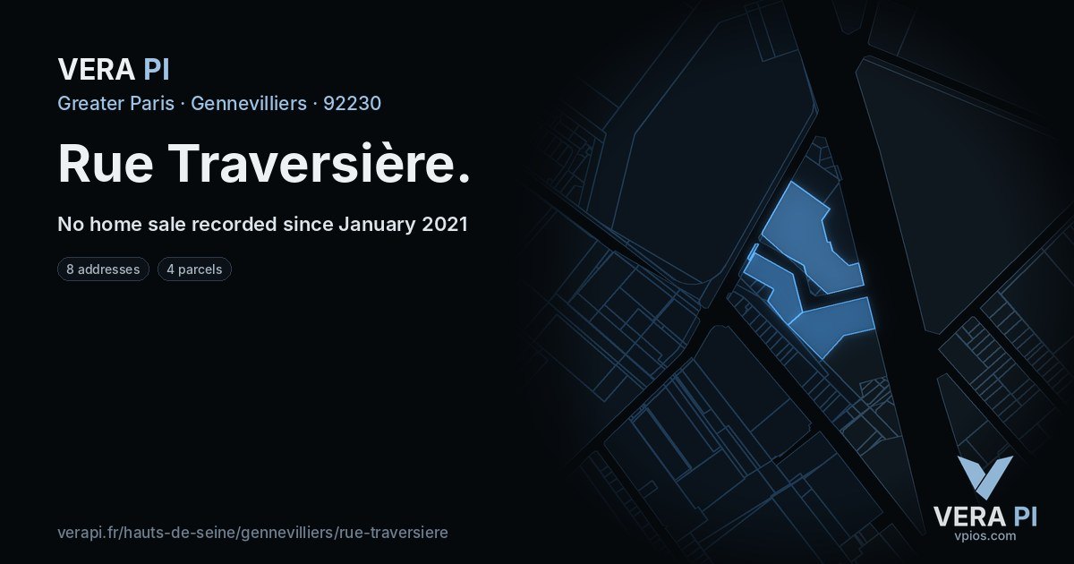Rue Traversière, Gennevilliers at night – every parcel coloured by the prices around it, the street's own parcels lit