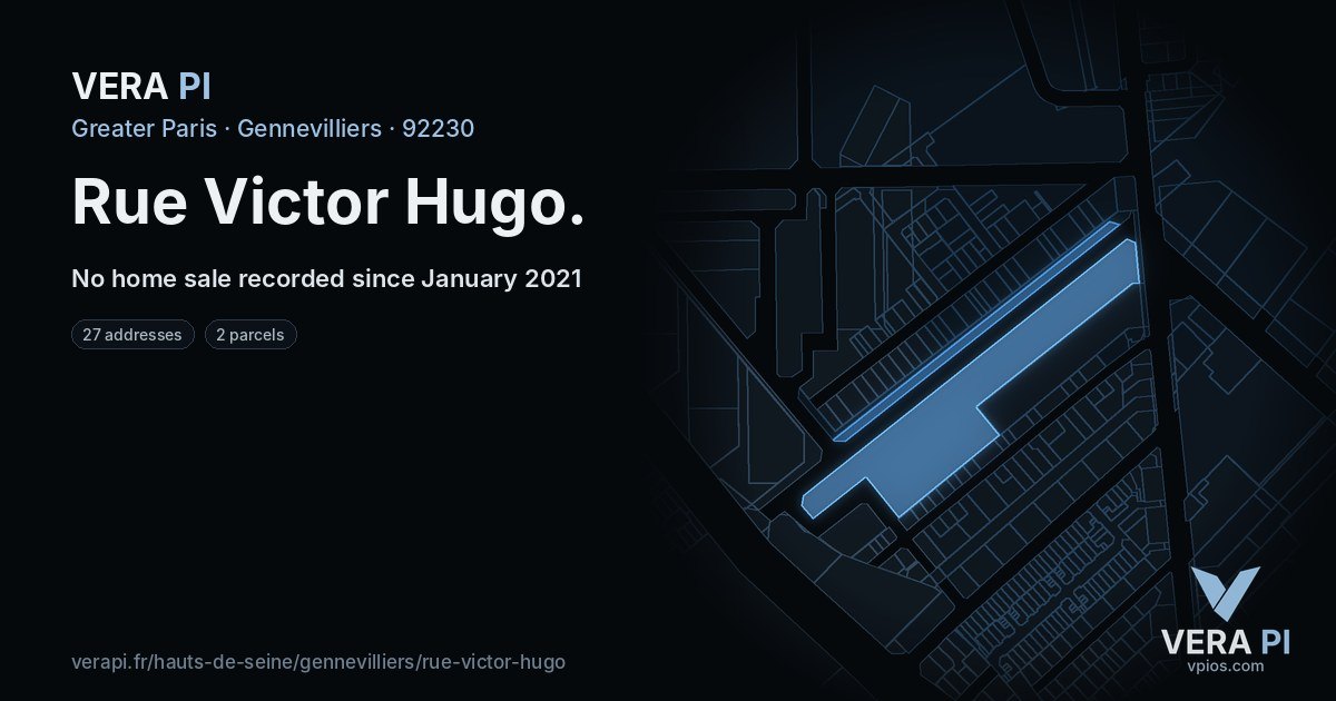 Rue Victor Hugo, Gennevilliers at night – every parcel coloured by the prices around it, the street's own parcels lit
