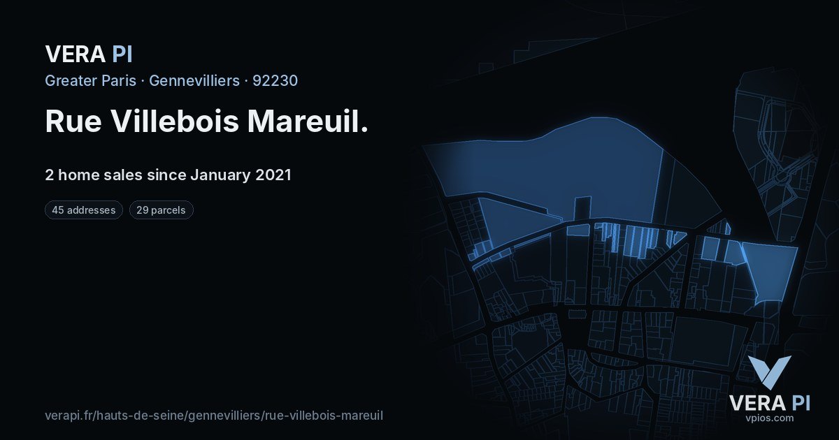 Rue Villebois Mareuil, Gennevilliers at night – every parcel coloured by the prices around it, the street's own parcels lit
