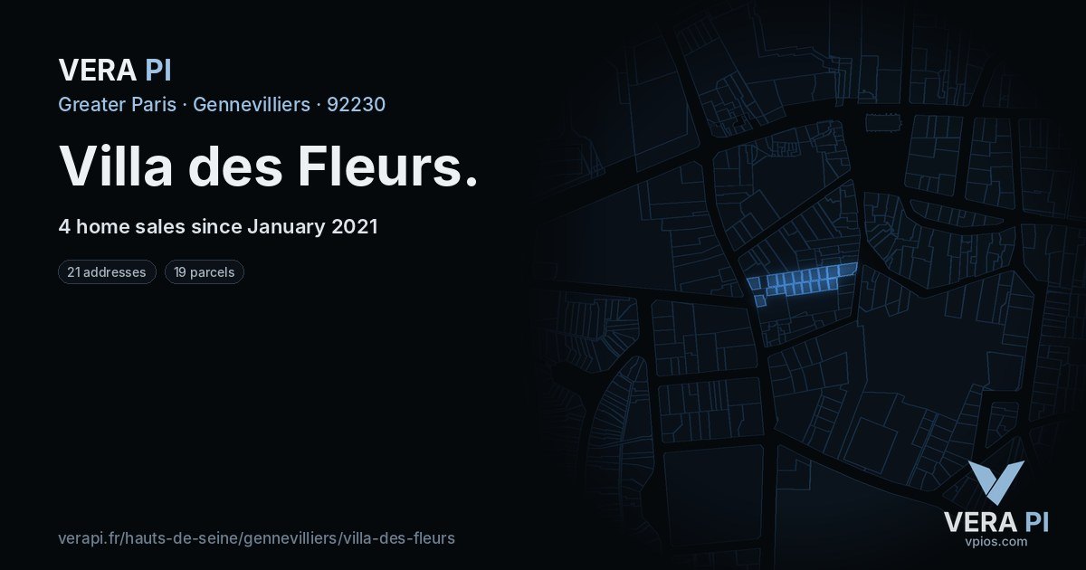 Villa des Fleurs, Gennevilliers at night – every parcel coloured by the prices around it, the street's own parcels lit
