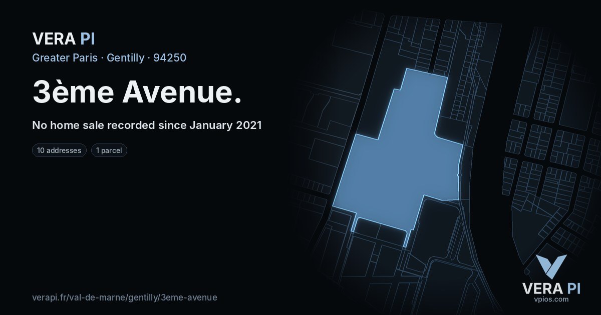 3ème Avenue, Gentilly at night – every parcel coloured by the prices around it, the street's own parcels lit