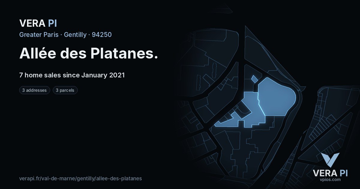 Allée des Platanes, Gentilly at night – every parcel coloured by the prices around it, the street's own parcels lit