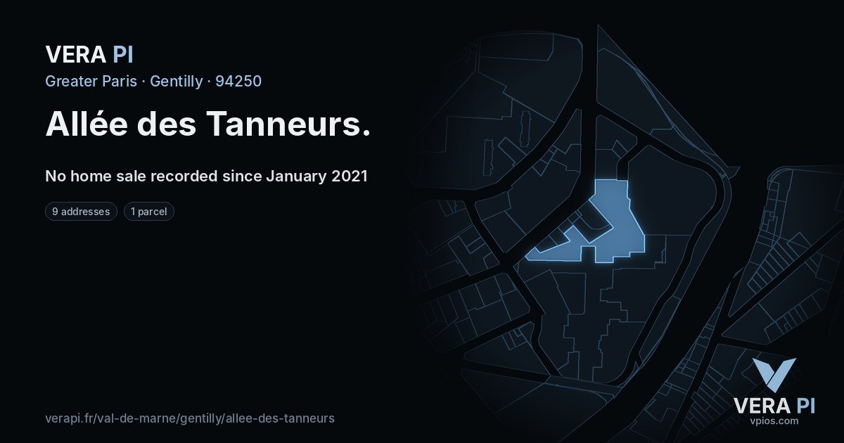 Allée des Tanneurs, Gentilly at night – every parcel coloured by the prices around it, the street's own parcels lit