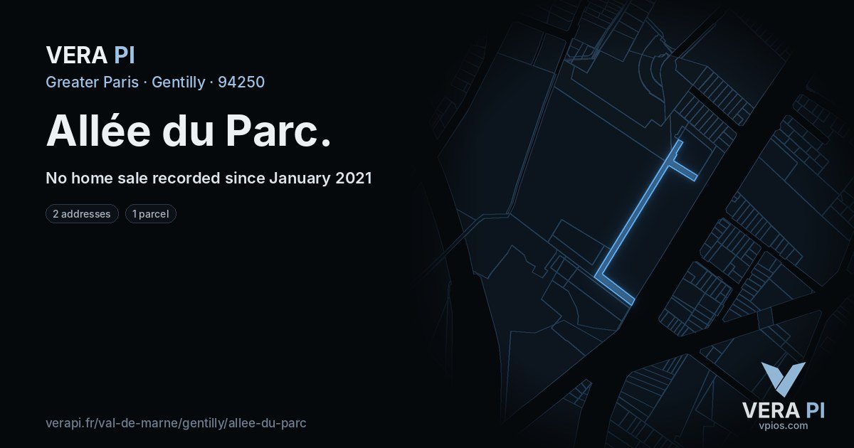 Allée du Parc, Gentilly at night – every parcel coloured by the prices around it, the street's own parcels lit