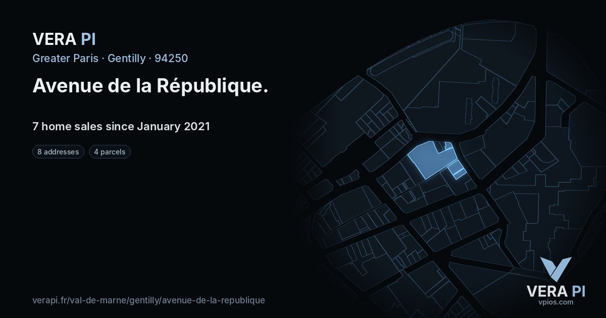 Avenue de la République, Gentilly at night – every parcel coloured by the prices around it, the street's own parcels lit