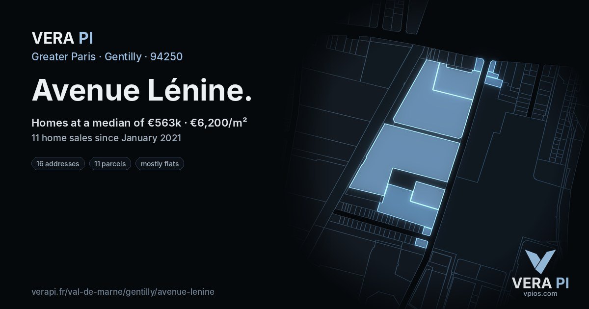 Avenue Lénine, Gentilly at night – every parcel coloured by the prices around it, the street's own parcels lit