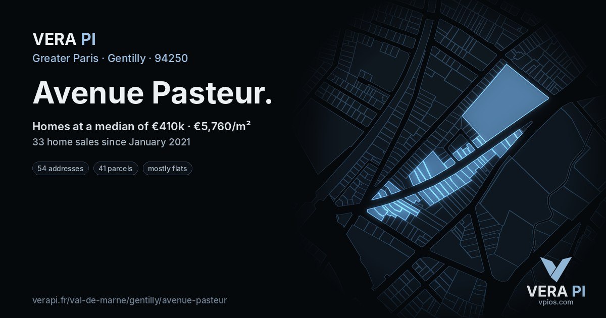 Avenue Pasteur, Gentilly at night – every parcel coloured by the prices around it, the street's own parcels lit