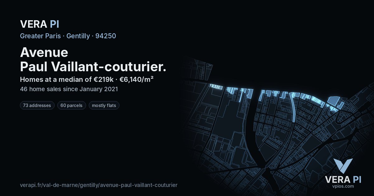 Avenue Paul Vaillant-couturier, Gentilly at night – every parcel coloured by the prices around it, the street's own parcels lit
