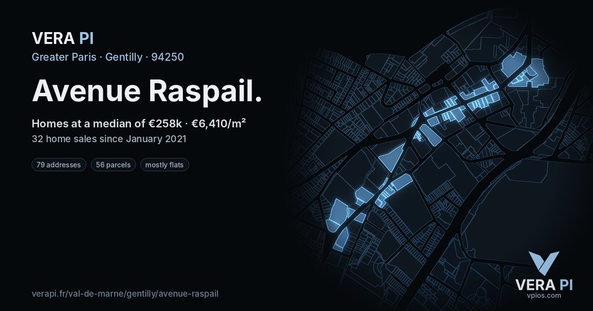 Avenue Raspail, Gentilly at night – every parcel coloured by the prices around it, the street's own parcels lit