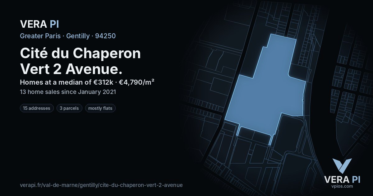 Cité du Chaperon Vert 2 Avenue, Gentilly at night – every parcel coloured by the prices around it, the street's own parcels lit