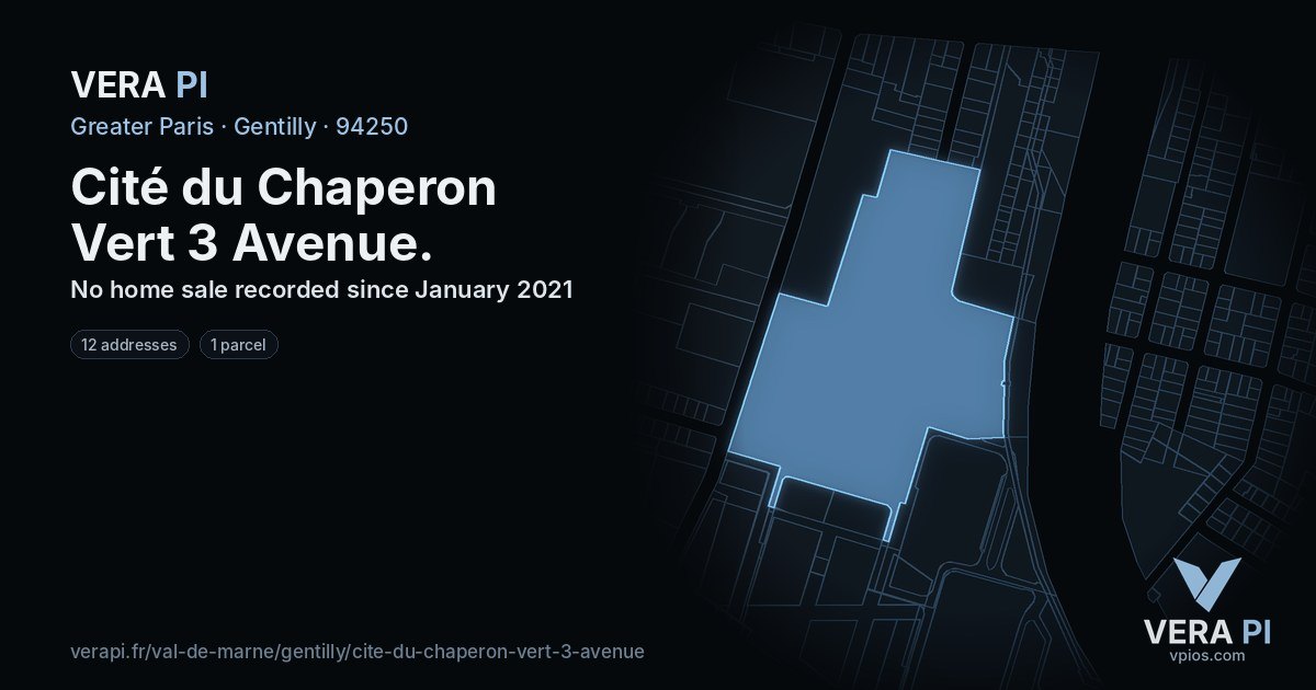 Cité du Chaperon Vert 3 Avenue, Gentilly at night – every parcel coloured by the prices around it, the street's own parcels lit