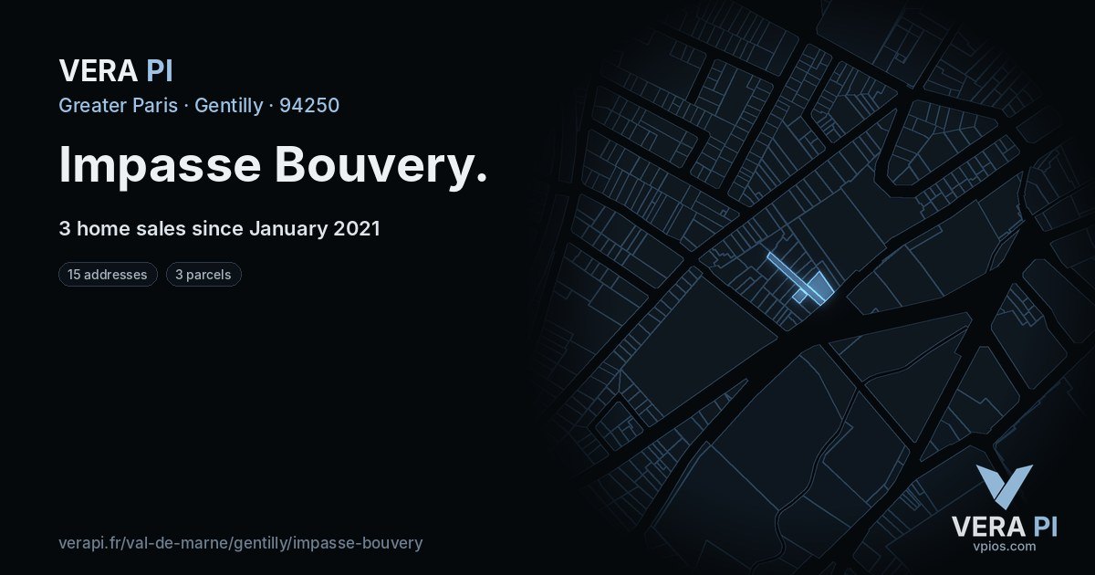Impasse Bouvery, Gentilly at night – every parcel coloured by the prices around it, the street's own parcels lit