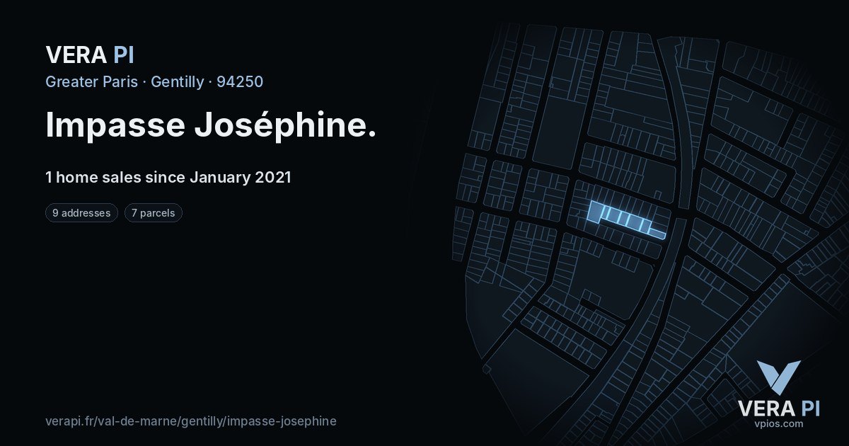 Impasse Joséphine, Gentilly at night – every parcel coloured by the prices around it, the street's own parcels lit