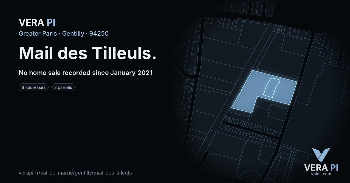 Mail des Tilleuls, Gentilly at night – every parcel coloured by the prices around it, the street's own parcels lit