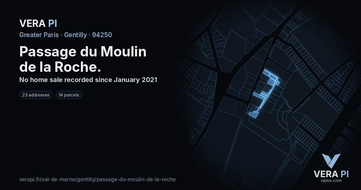 Passage du Moulin de la Roche, Gentilly at night – every parcel coloured by the prices around it, the street's own parcels lit