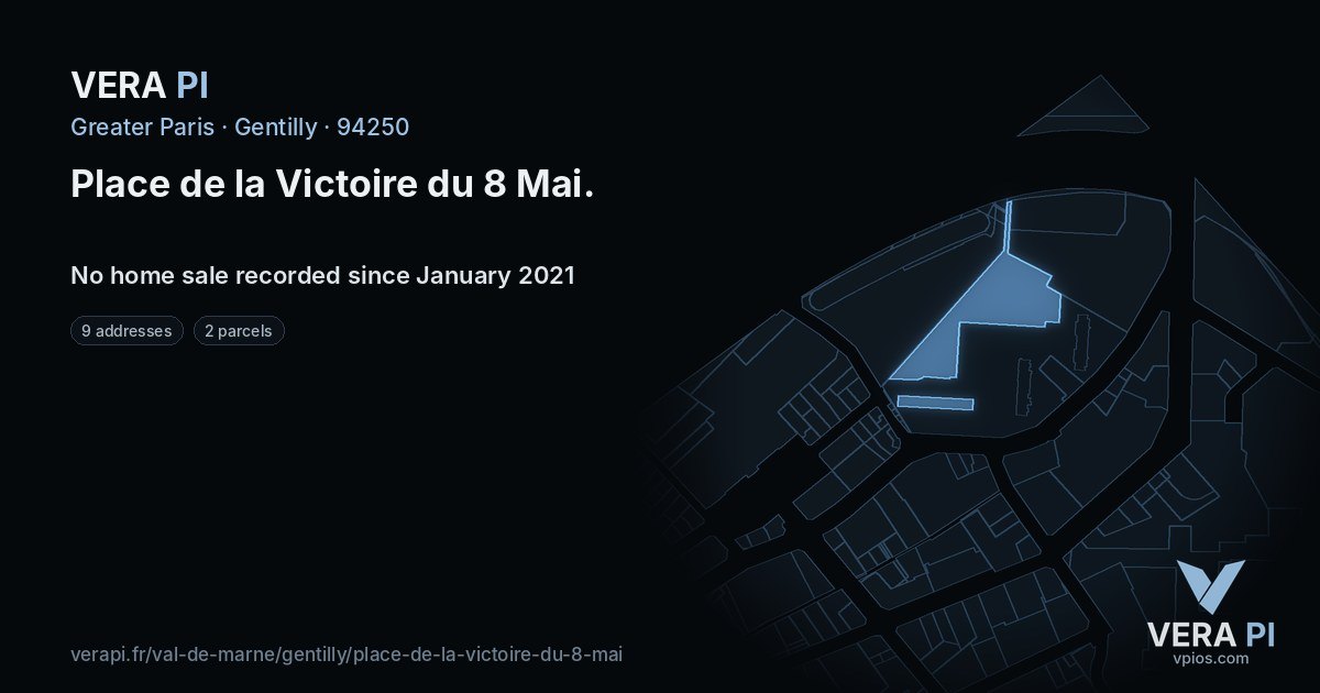 Place de la Victoire du 8 Mai, Gentilly at night – every parcel coloured by the prices around it, the street's own parcels lit