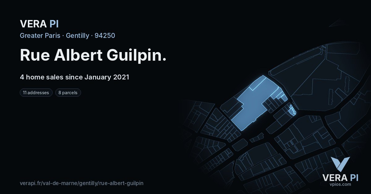 Rue Albert Guilpin, Gentilly at night – every parcel coloured by the prices around it, the street's own parcels lit