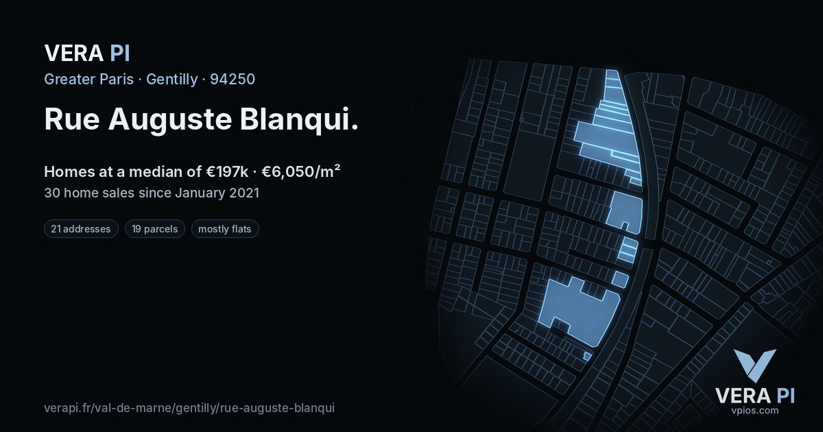 Rue Auguste Blanqui, Gentilly at night – every parcel coloured by the prices around it, the street's own parcels lit