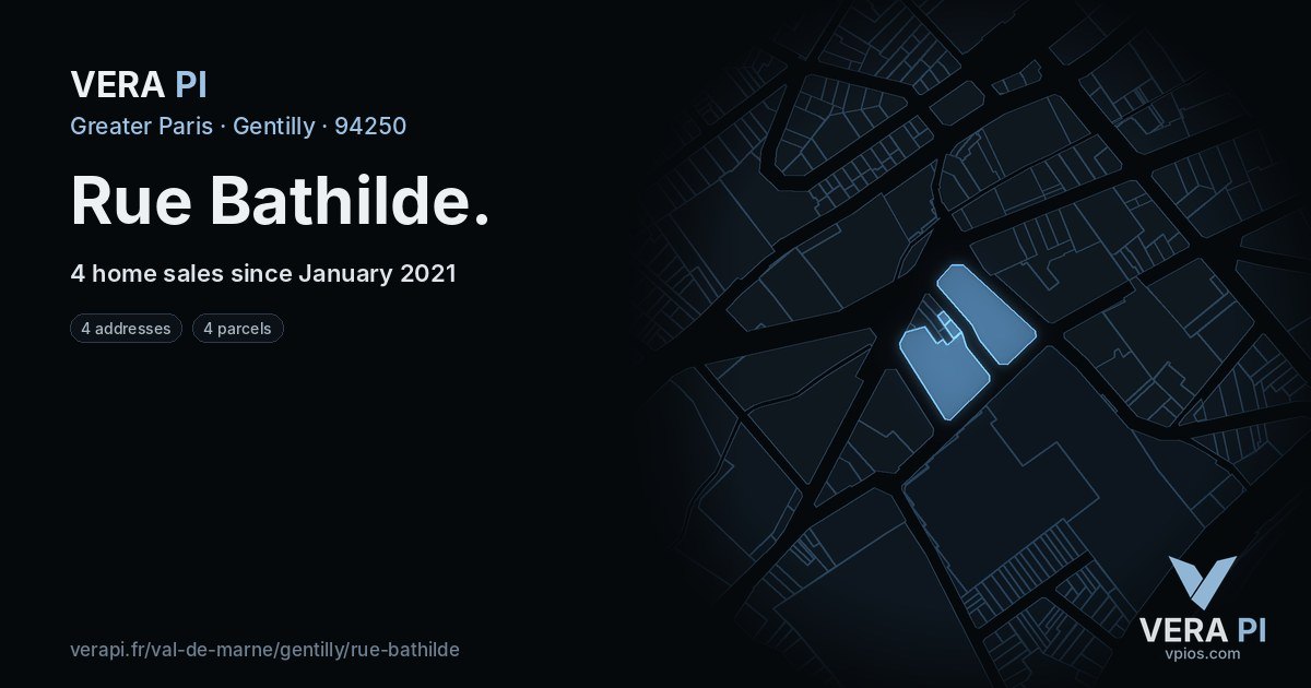 Rue Bathilde, Gentilly at night – every parcel coloured by the prices around it, the street's own parcels lit