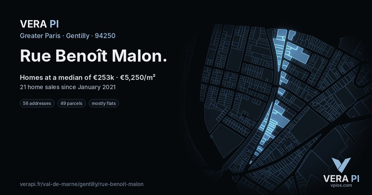Rue Benoît Malon, Gentilly at night – every parcel coloured by the prices around it, the street's own parcels lit