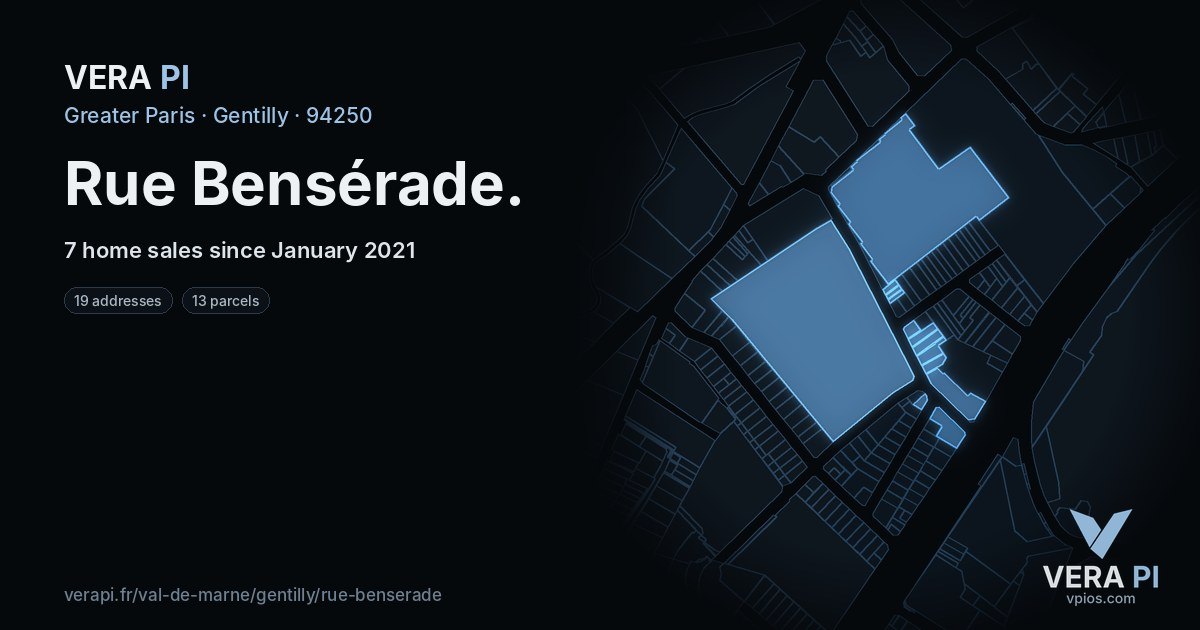 Rue Bensérade, Gentilly at night – every parcel coloured by the prices around it, the street's own parcels lit