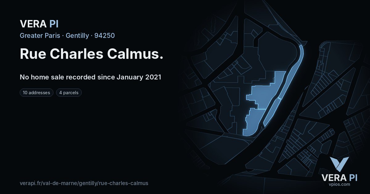 Rue Charles Calmus, Gentilly at night – every parcel coloured by the prices around it, the street's own parcels lit