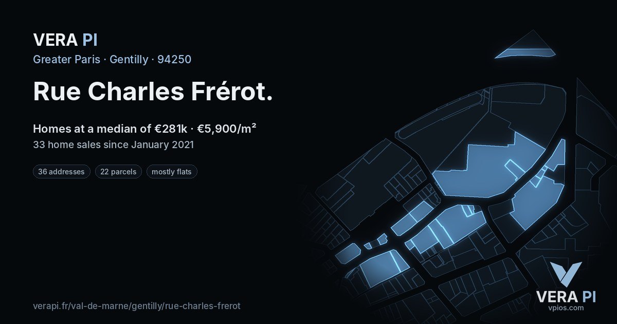 Rue Charles Frérot, Gentilly at night – every parcel coloured by the prices around it, the street's own parcels lit
