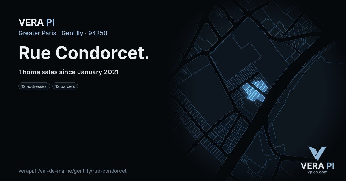 Rue Condorcet, Gentilly at night – every parcel coloured by the prices around it, the street's own parcels lit