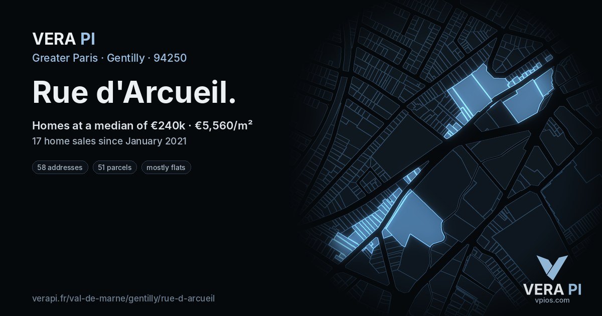 Rue d'Arcueil, Gentilly at night – every parcel coloured by the prices around it, the street's own parcels lit