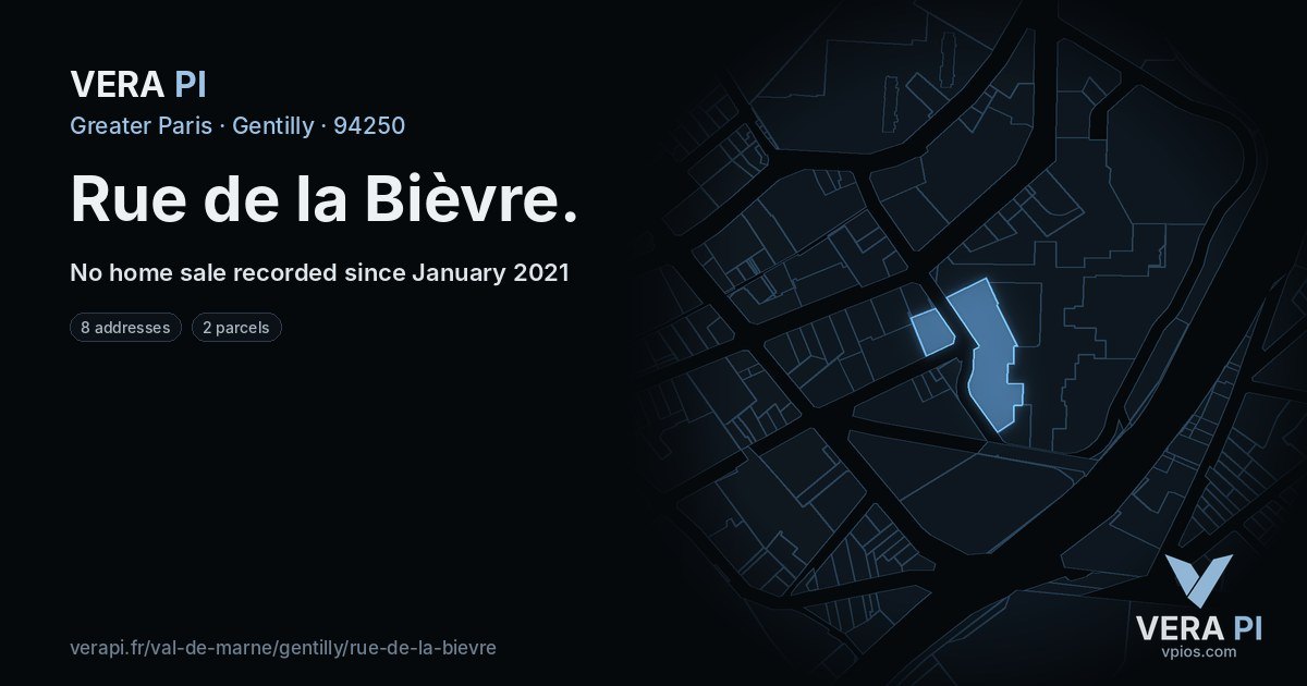 Rue de la Bièvre, Gentilly at night – every parcel coloured by the prices around it, the street's own parcels lit