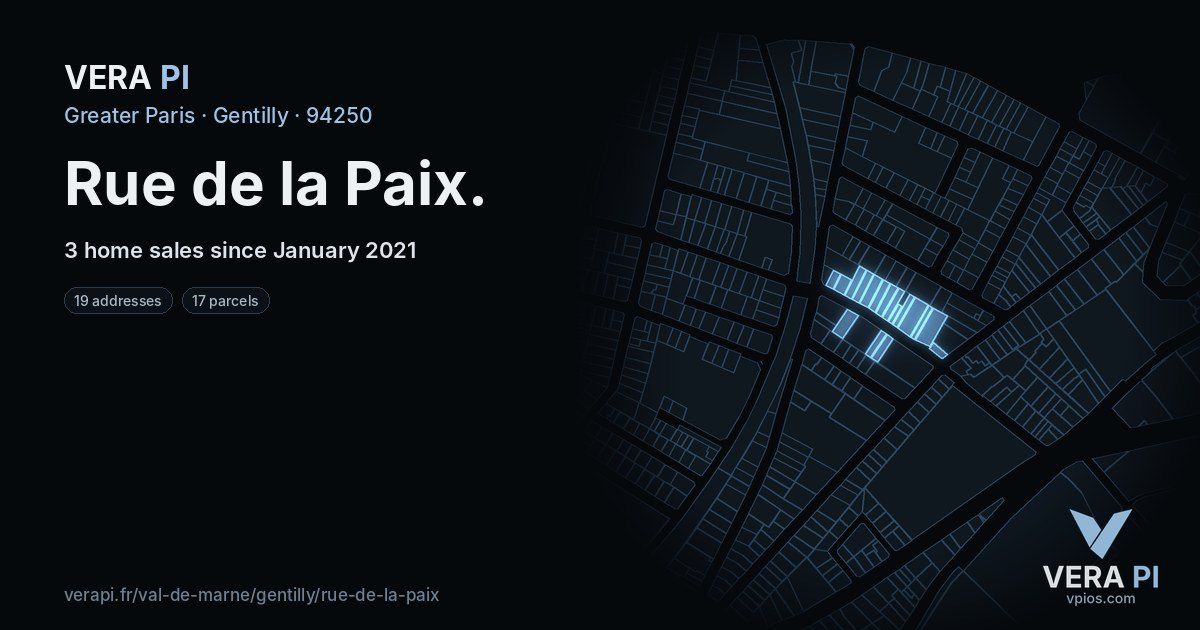 Rue de la Paix, Gentilly at night – every parcel coloured by the prices around it, the street's own parcels lit