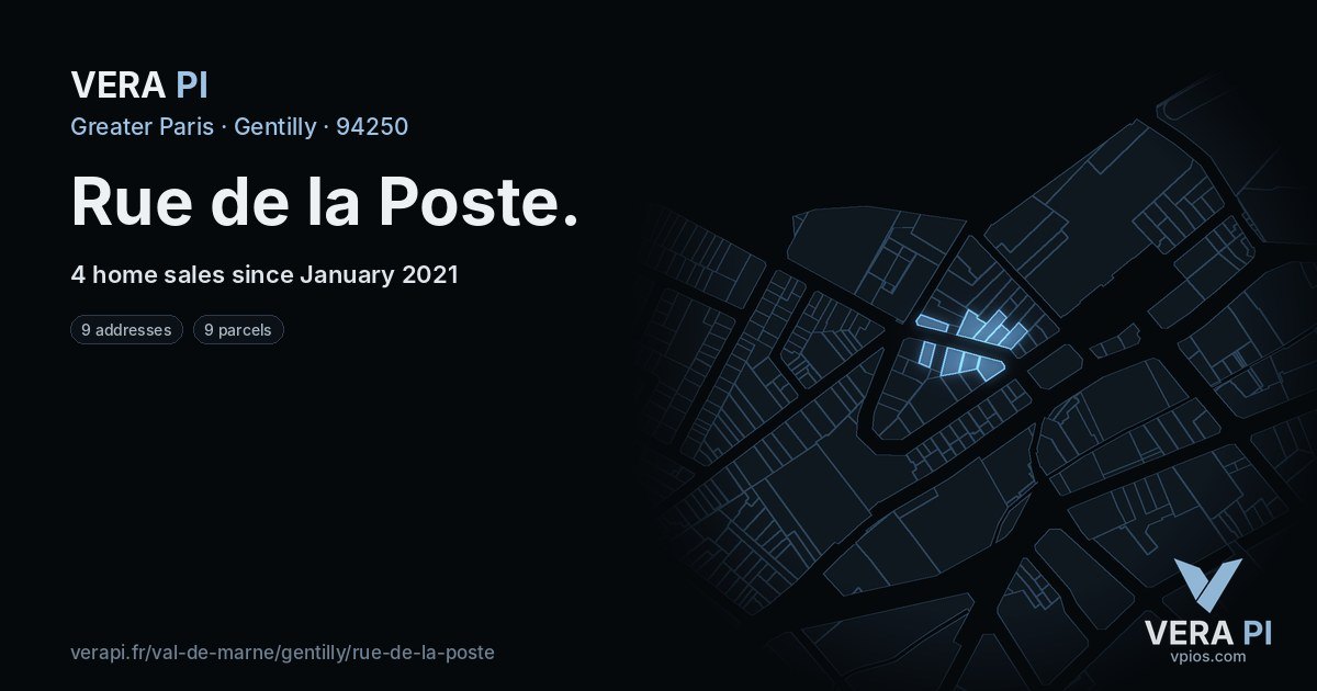 Rue de la Poste, Gentilly at night – every parcel coloured by the prices around it, the street's own parcels lit