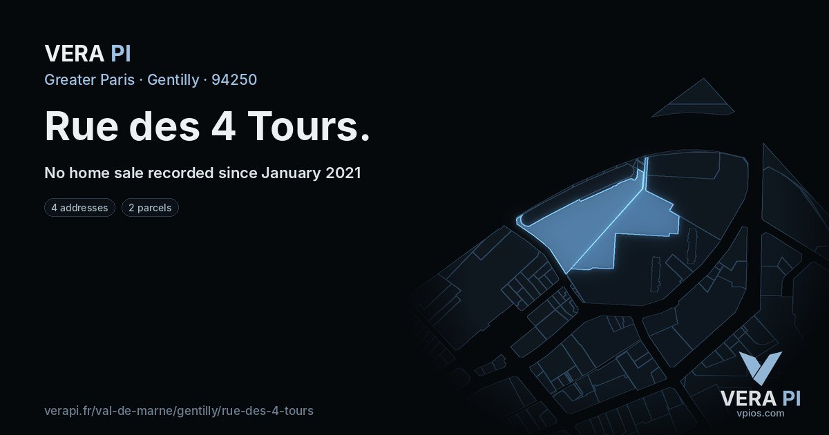 Rue des 4 Tours, Gentilly at night – every parcel coloured by the prices around it, the street's own parcels lit