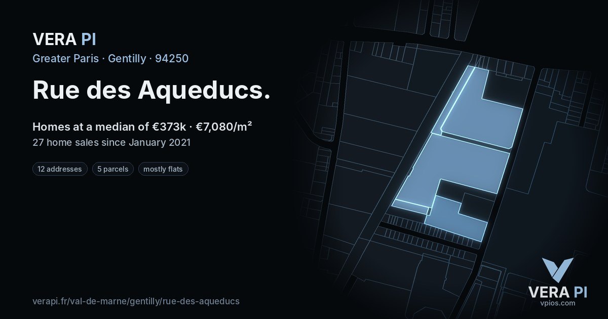 Rue des Aqueducs, Gentilly at night – every parcel coloured by the prices around it, the street's own parcels lit