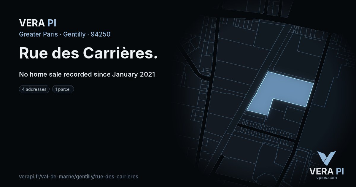 Rue des Carrières, Gentilly at night – every parcel coloured by the prices around it, the street's own parcels lit