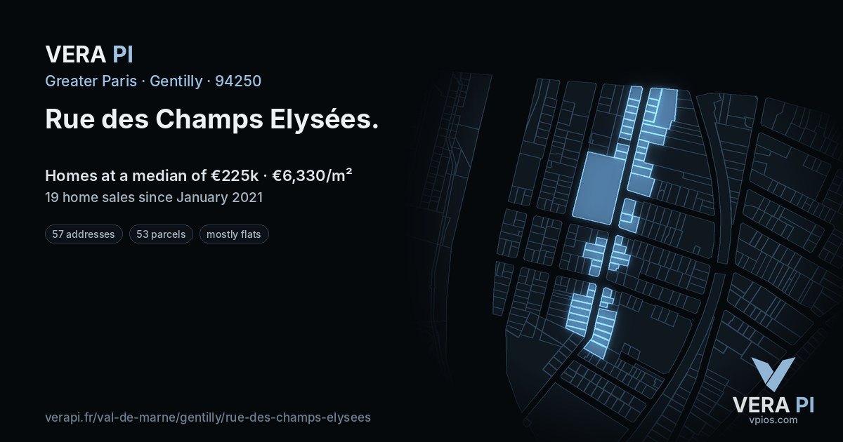 Rue des Champs Elysées, Gentilly at night – every parcel coloured by the prices around it, the street's own parcels lit