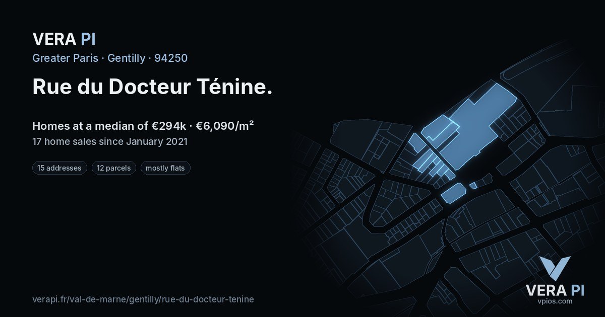 Rue du Docteur Ténine, Gentilly at night – every parcel coloured by the prices around it, the street's own parcels lit