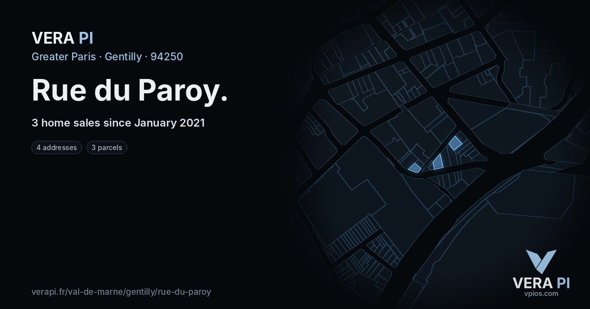 Rue du Paroy, Gentilly at night – every parcel coloured by the prices around it, the street's own parcels lit