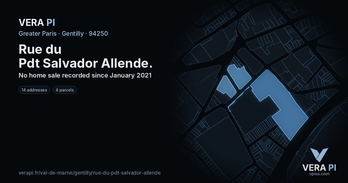 Rue du Pdt Salvador Allende, Gentilly at night – every parcel coloured by the prices around it, the street's own parcels lit