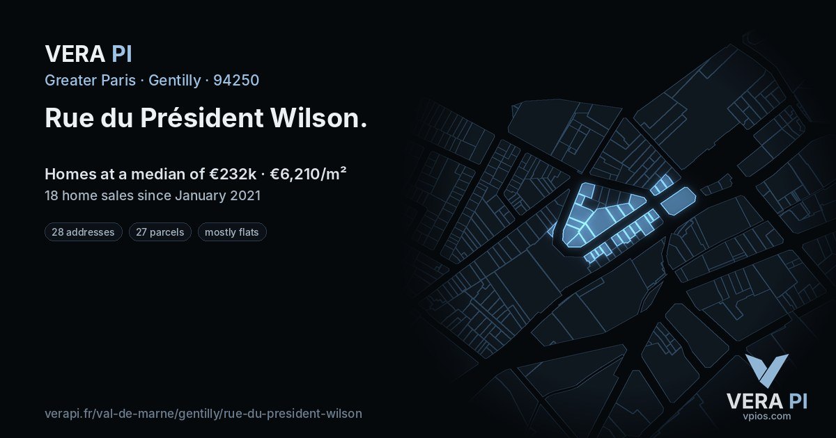 Rue du Président Wilson, Gentilly at night – every parcel coloured by the prices around it, the street's own parcels lit