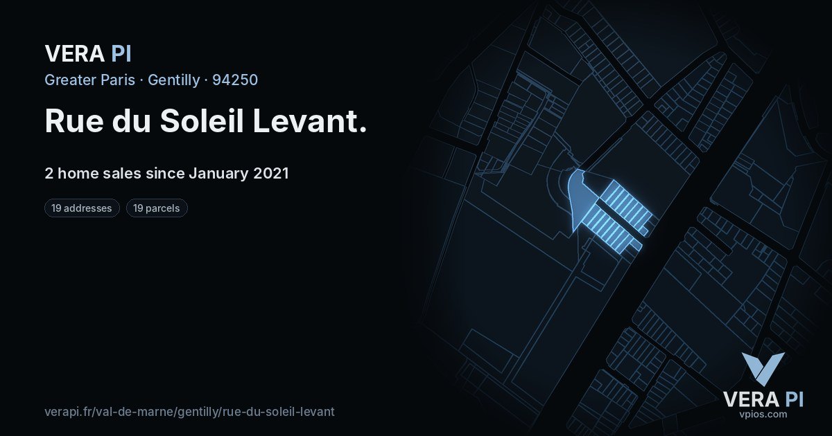 Rue du Soleil Levant, Gentilly at night – every parcel coloured by the prices around it, the street's own parcels lit
