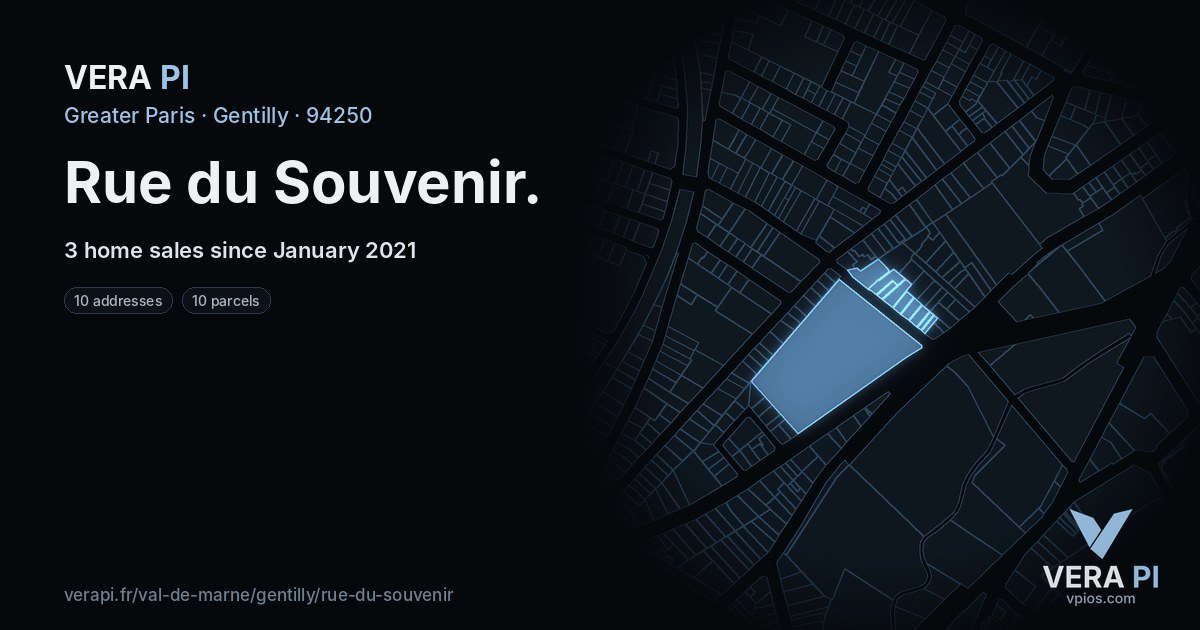 Rue du Souvenir, Gentilly at night – every parcel coloured by the prices around it, the street's own parcels lit