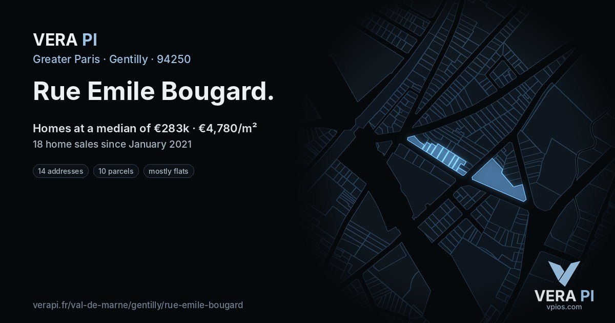 Rue Emile Bougard, Gentilly at night – every parcel coloured by the prices around it, the street's own parcels lit