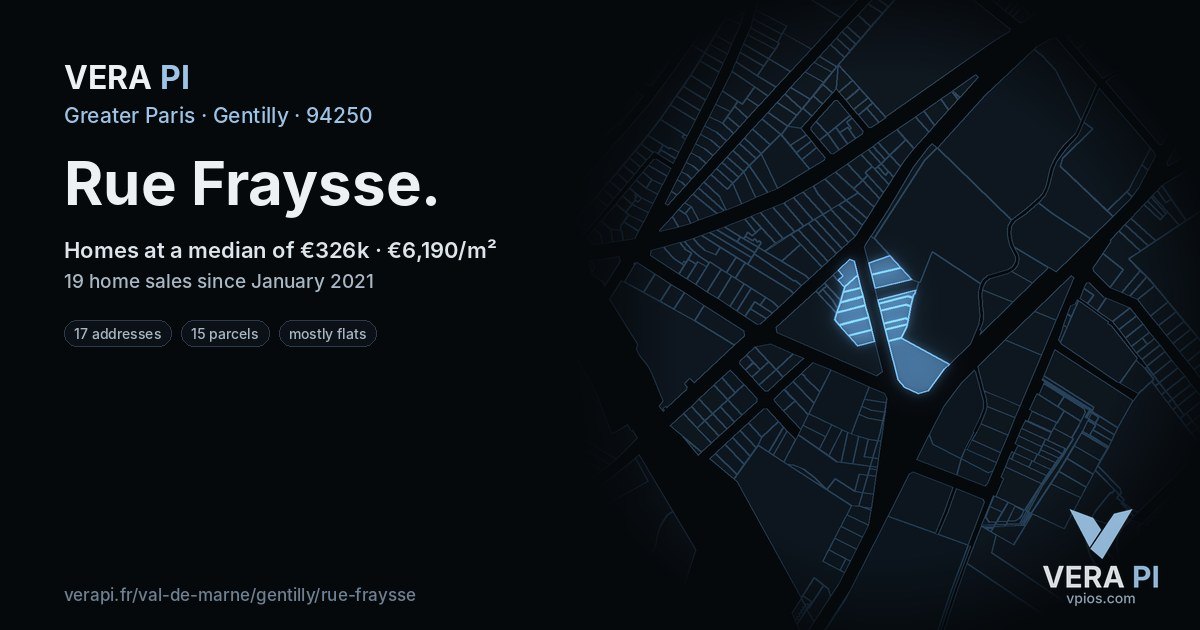 Rue Fraysse, Gentilly at night – every parcel coloured by the prices around it, the street's own parcels lit