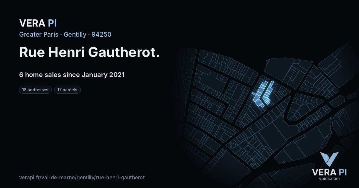 Rue Henri Gautherot, Gentilly at night – every parcel coloured by the prices around it, the street's own parcels lit