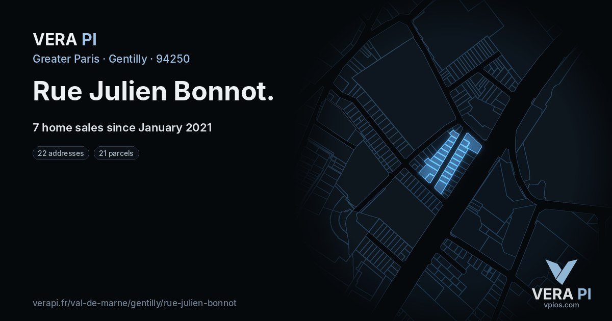Rue Julien Bonnot, Gentilly at night – every parcel coloured by the prices around it, the street's own parcels lit